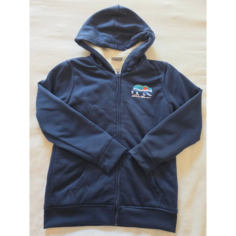 Eddie Bauer Kids Navy Blue Sherpa Lined Full Zip Hoodie Bear Graphic M 10/12